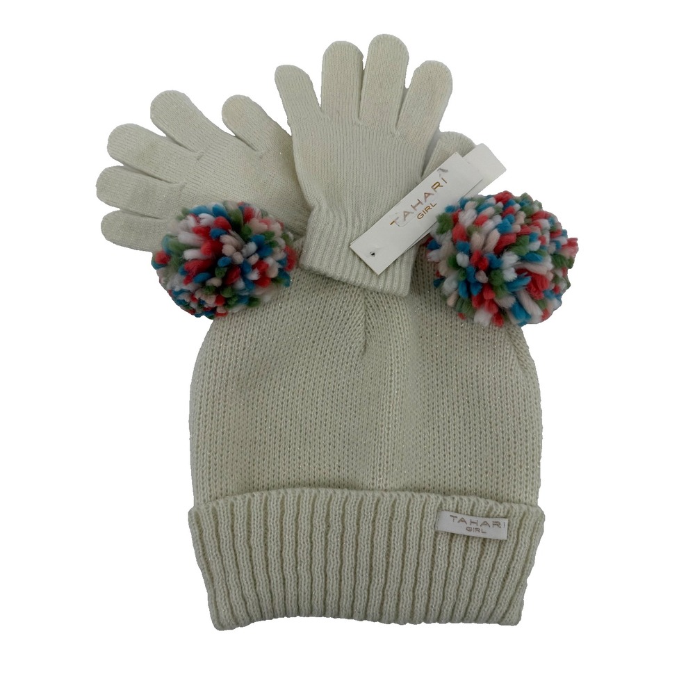 Tahari Girl Pom Pom Hat Gloves Set Ivory Knit Winter Beanie Sparkle NWT